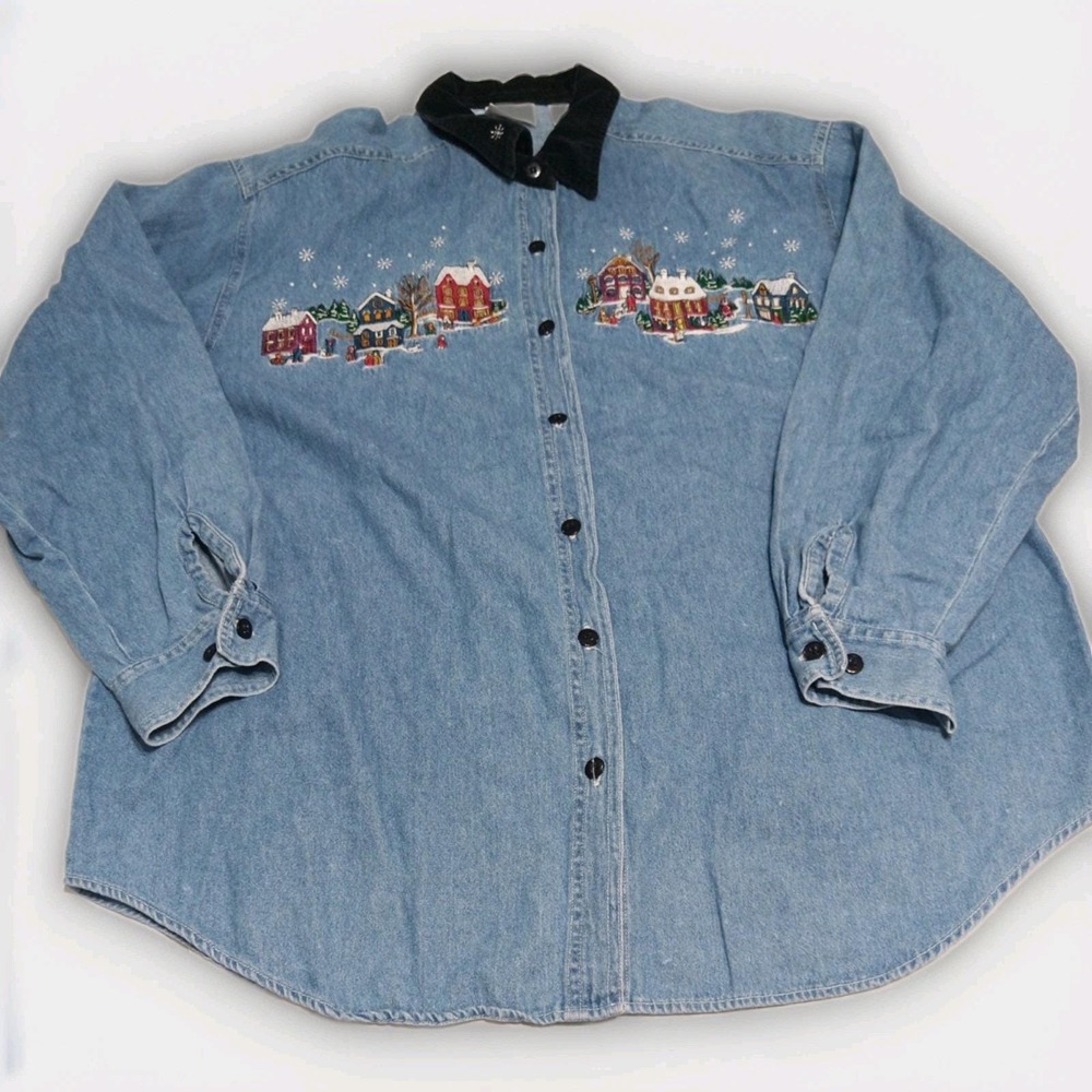Vintage Bobbie Brooks XL Christmas Denim Shirt Embroidered Village Velvet Collar